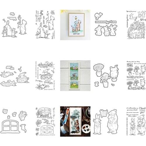 Lovely Bunny Bear Duck Frog Cat Mixed Window Potted Plants Cutting Dies and Clear Stamps Warm Words DIY Scrapbooking 2021