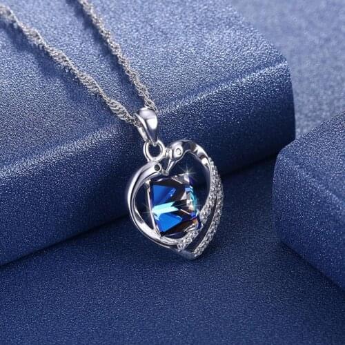 SILVERHOO Fashion Blue Gemstone Necklace For Women Heart Shaped Crystal Pendant Necklace Jewelry Gift Wholesale