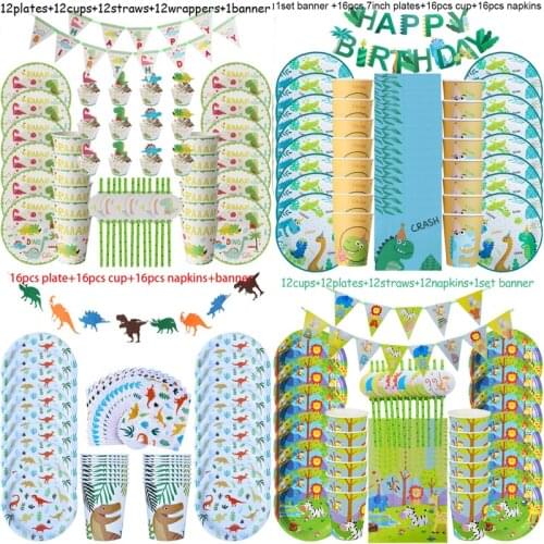 49pcs Dinosaur Theme Party Tableware Set Paper Plate Cup Napkin Banner Dino Happy 1st Birthday Party Decoration For Kids Boys