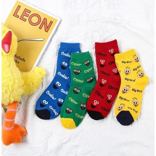 4 Colors Sesame Street Cute Cartoon Printing Middle Tube Cotton Socks for Women Korean Style Fashion Deodorant Socks for Female