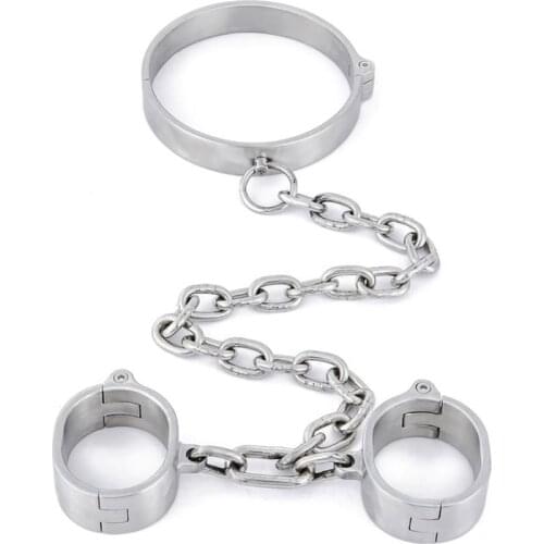 Stainless Steel Neck Collar Handcuffs With Chain Hand Cuffs Choker Restraints Fetish Slave BDSM Adult Game Sex Toy for Women Man
