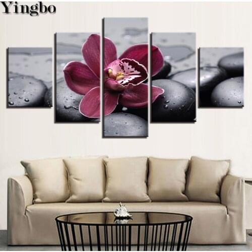 Full square/round diamond embroidery 5 Panel Purple Orchid Black Pebbles 5d cross stitch decorative diy diamond painting mosaic