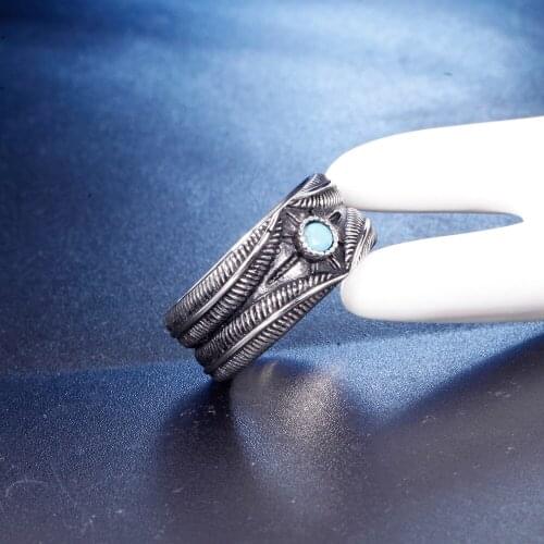 Drop Shipping Punk Rock Style Animal Feather Fidget Ring For Men Husband Stainless Steel Vintgae Red Black Cubic Stones Jewelry