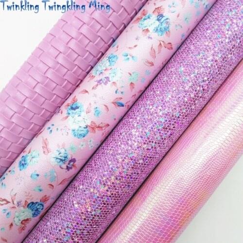 Pink Mesh Glitter leather, Flowers Printed Synthetic Leather, Weaving Faux Fabric For Bow A4 21x29CM Twinkling Ming KM173