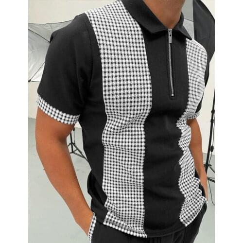 Fashion Grid Stripe Men Short Sleeve Polo Shirts Casual Turn-down Collar Zipper Design Tops 2021 Summer Harajuku Mens Streetwea