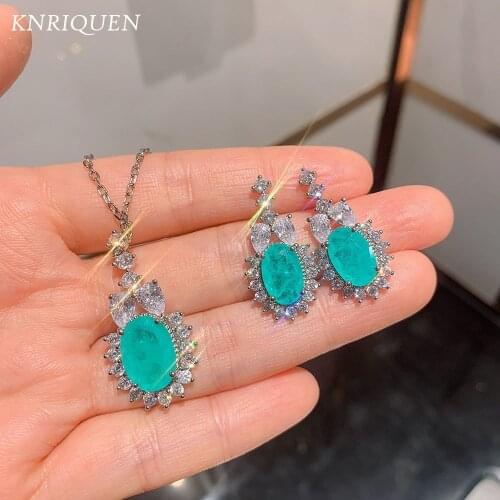 Vintage 925 Sterling Silver Paraiba Tourmaline High Cabron Diamonds Pendant Necklace Drop Earrings for Women Fine Jewelry Gifts