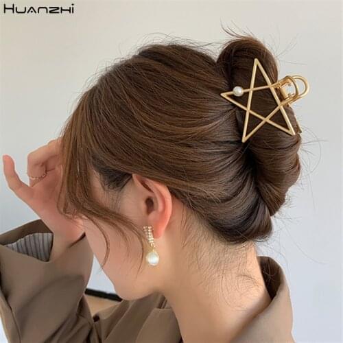 HUANZHI 2020 New Retro Metal Geometric Shark Clip Hollow Flowers Catch Clip Hair Accessories Large Bath Hairpins for Women Girls