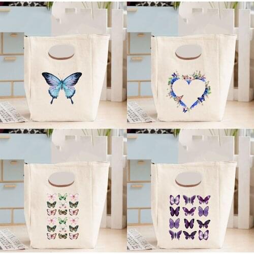 Women Graphic Butterfly Printing Lunch Bag School Student Canvas Thermal Box Foldable High Capacity Dinner Pouch Eco Handbag