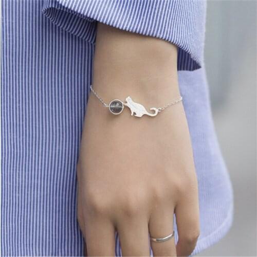 925 Sterling Silver Moonstone Cat Round Bead Charm Bracelets & Bangles For Women Elegant Jewelry sl372