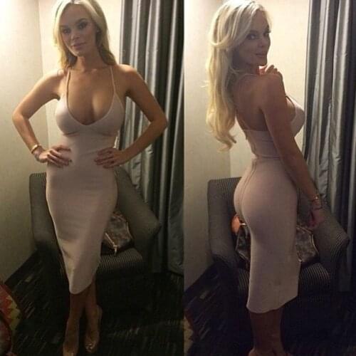 Dropship bodycon women deep V neck sexy tight bodycon dress hl knee length nude bandage dress