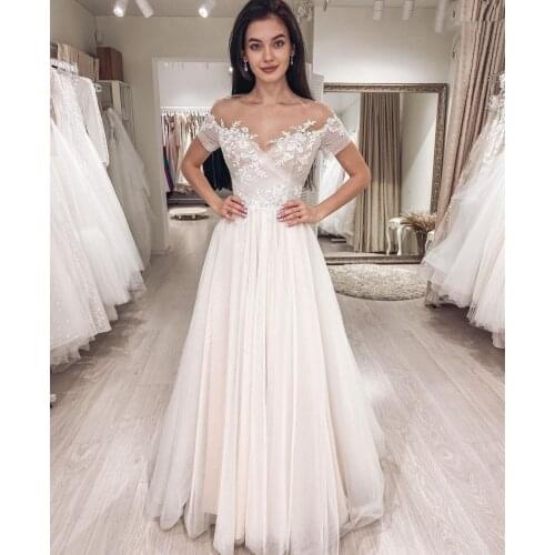 Princess Wedding Dress 2021 Illusion Short Sleeve Applique Button A-line Off the Shoulder Bridal Gowns vestidos de novia
