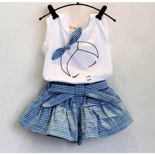 2pcs Summer Girls Suit Vest And Shorts T Shirt Bow Houndstooth Plaid Tops And Shorts For Girls Baby Clothing