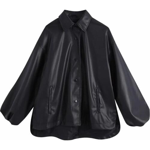 2020 New Ladies Lapel Puffy Long-Sleeved Black Artificial Leather PU Coat