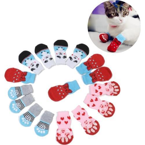 4pcs/set Cute Puppy Cats Socks Cartoon Bowknot Anti-Slip Knit Small Dogs Shoes Chihuahua Boots For Winter Indoor Wear Slip Socks