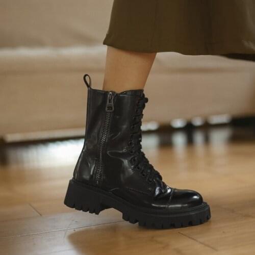 2021 Winter Boots Women Genuine Leather Round Toe Chunky Heel Solid Platform Boots Black Women Shoes Motorcycle Boots