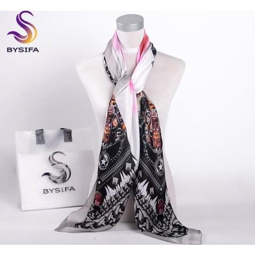 [BYSIFA] Grey Pink Winter Square Scarves New Trendy Female Silk Satin Scarf Cape Spring Autumn Turkish Women Head Scarf Bufanda