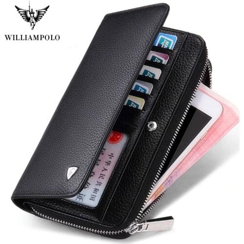 WILLIAMPOLO Men Long Wallet New Luxury Brand 100% Top Genuine Cowhide Leather High Quality Coin Purse fashion Male Wallets
