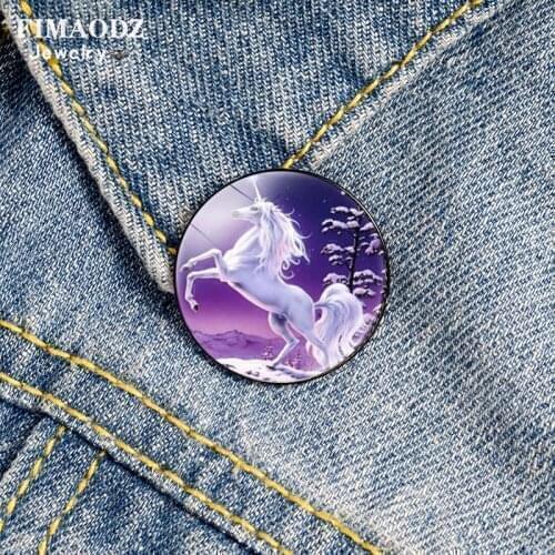 FIMAODZ Horse Unicorn Brooches Lapel Pin Fashion Black White Horse Animal Art Picture Glass Cabochon Brooch for Kids Gift