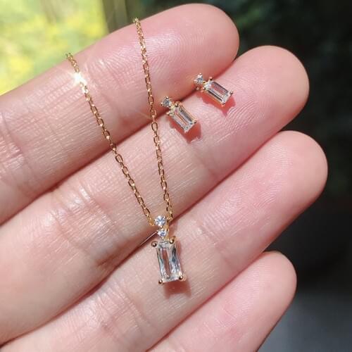 Delicate 925 Sterling Silver Jewelry Set Simple Square Crystal Stud Earrings Women Sweet Romantic Wedding 14K Gold Necklace