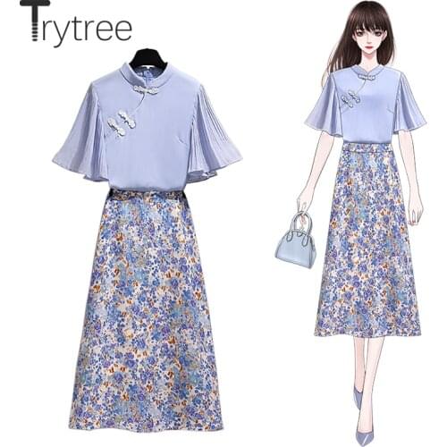 Trytree Summer Women Two Piece Set Casual Chinese Style Flare Sleeve Shirt + Floral Skirt Elastic Waist Prairie Chic 2 Piece Set