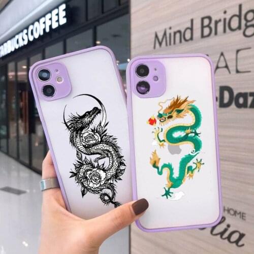Fashion Dragon Animal Pattern Phone Case For iPhone 12 11 Mini Pro XR XS Max 7 8 Plus X Matte transparent Purple Back Cover