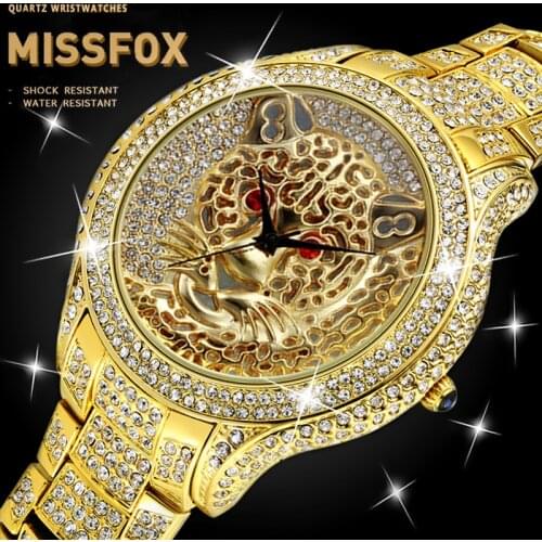 MISSFOX Tiger Mens Watches Top Brand Luxury Red Gemstone Eye Terror Gold Men Watches Luxury Brand Full Paved Slim Stones Watch