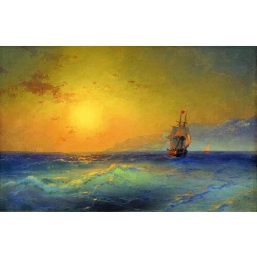 HOME OFFICE WALL Decor ART # 100% handpainted work Russian Ivan Aivazovsky Ship in Sunset glow copy art oil painting on canvas