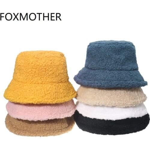 FOXMOTHER Winter Outdoor Bob Panama Lamb Warm Thicken Solid Color Black White Fluffy Bucket Caps Fisherman Hat Women Mens