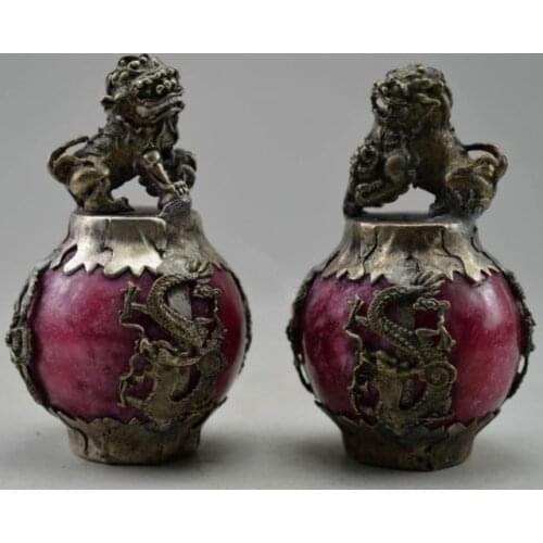 A Pair of Chinese feng shui fu dog kirin silver phoenix artificial red jade statues