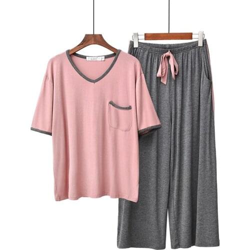 Two Piece Pyjamas Sets Womens Modal Short-sleeved Pajamas Korean Loose Sleepwear 2020 Summer Nine-point Pants Wear-out Home Wear