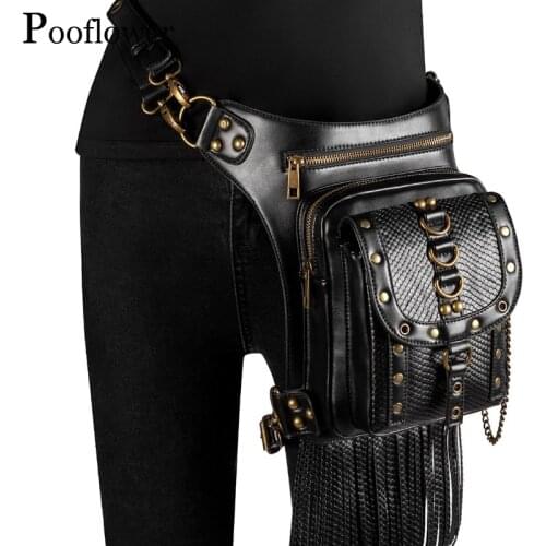 Pooflower Tassel Belt Bags Women Men Punk Moto PU Leather Waist Bag Rivet Chain Crossbody Bags Funny Backpack Running Bags ZH080