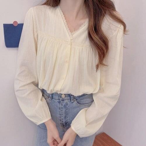 Spring Women Elegant V Neck Lace Puff Sleeve Casual Shirts Blouses Ruffles Femininas Design Female Tops