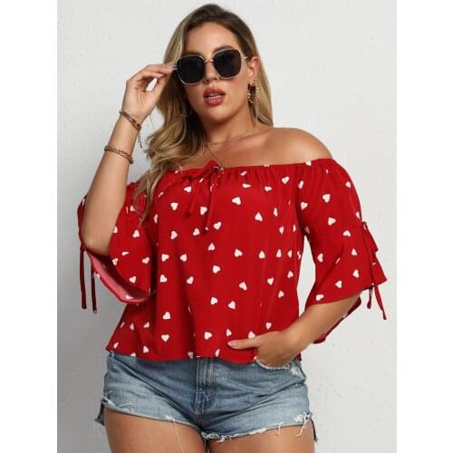 Off Shoulder Blouse Woman 2021 Summer Slash Neck Half Sleeve Heart Print Boho Beach Blouse Red Ladies Tunic Tops