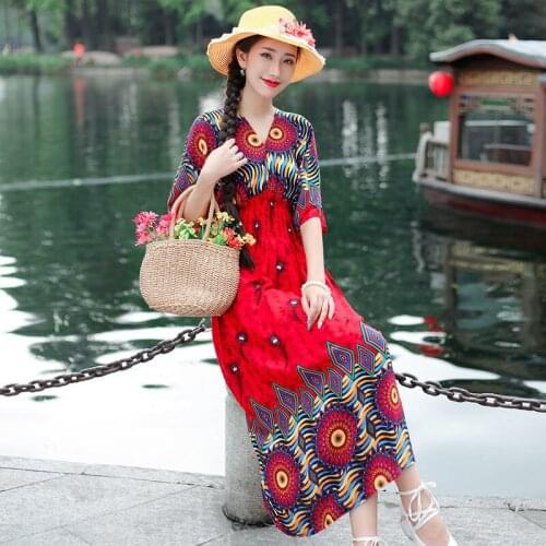 Women Maxi Long Dress National Styleprint 2021 Summer New Cotton Silk V-neck Loose Skirt Vintage Clothes Ladies Casual Vestido