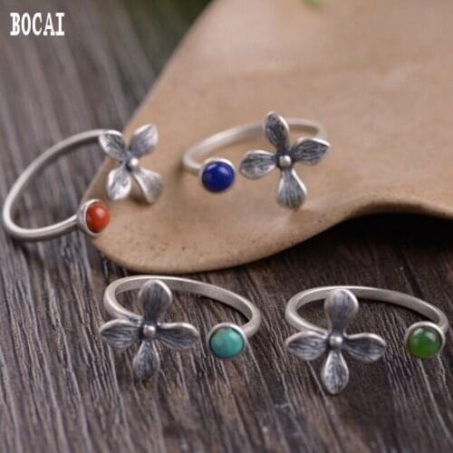 Real S925 solid sterling silver retro craft womens models fashion South red natural stone small flower Thai silver ring