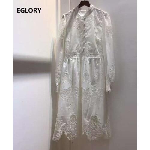 Top Quality New 2020 Autumn Winter Style Dress Women Hollow Out Embroidery Buttons Front Long Sleeve White Black Cotton Dress