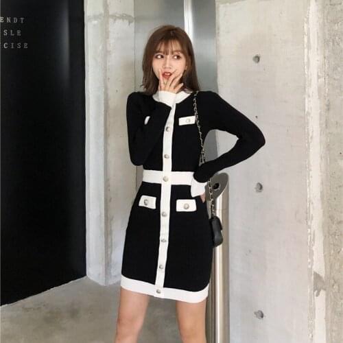 Brand Sweater Dress Womens 2021 Spring Sexy Elegant Vestidos Black Long Sleeve Korean Style Knitting Clothing