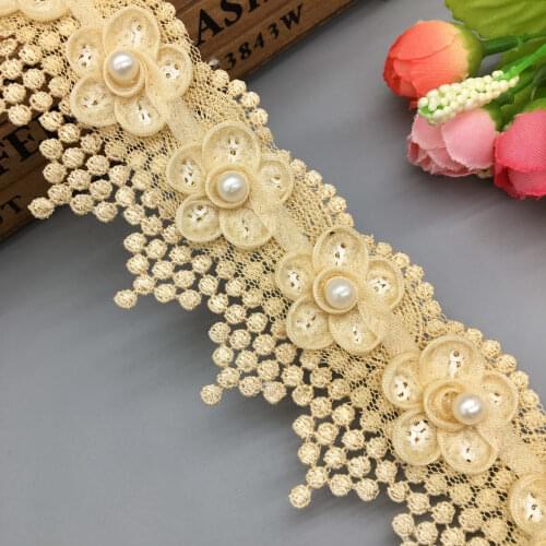1 Yard Gold Sequin 3D Plum Flowers Pearl Beaded Lace Trimmings Ribbons Lace Fabric Embroidered Sewing DIY Wedding Dress 5cm
