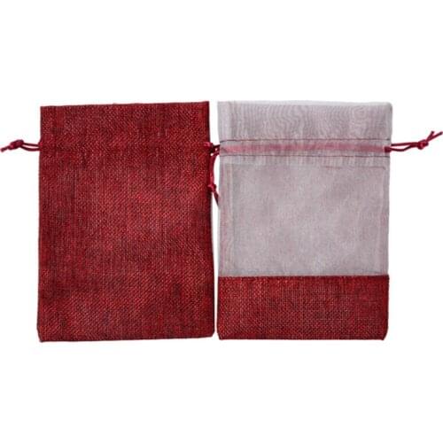 1000pcs/lot 11x16cm RED Burlap Bag With Transparent PVC Window Jewellery beads Drawstring Pouch Wedding Party gift bags