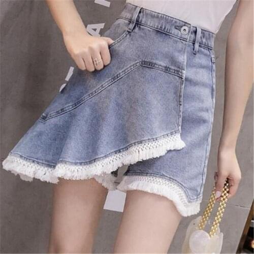 2020 New Fringed Raw Edge Stitching Denim Shorts Korean Student Wild Fashion Skirts Two-piece Pants Skirts Jeans Womens Skirts