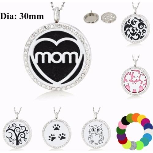 30mm Stainless Steel Essential Oil Perfume Twist Screw Crystal Diffuser Pendant Locket 10pads Fit Necklace