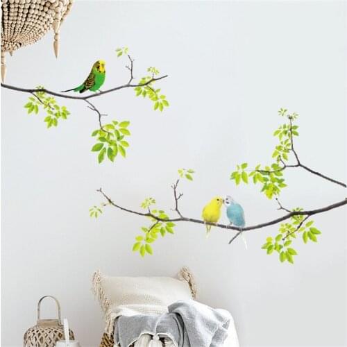 3D Cartoon Parrot Bird On Green Tree Branch Wall Stickers PVC Backdrop Mural for Background KidsRoom Bedroom Nursery Home Decor