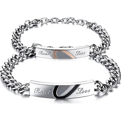 Couple Bracelets & Bangles DIY Stainless Steel Real Love Heart Bracelets Lovers' Jewelry Engrave Logo
