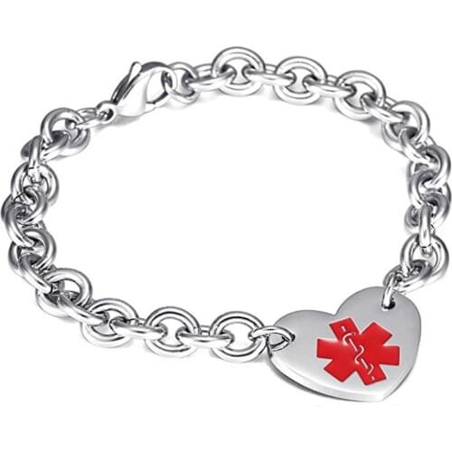 Medical Alert ID Bracelets Stianless Steel with Heart shape Pendant Bracelets High quality craft for Women