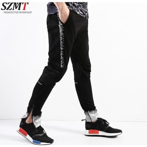 Summer personality fashion mens pants Printed mesh stitching harem pant men feet trousers pantalones hombre pantalon homme black