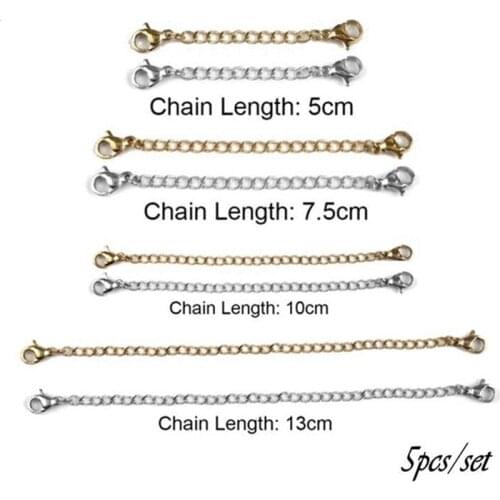 5pcs 5/7.5/10/13cm Stainless Steel Necklace Extension Chain With Lobster Clasps Bracelet Tail Chains Jewelry Making DIY Craft