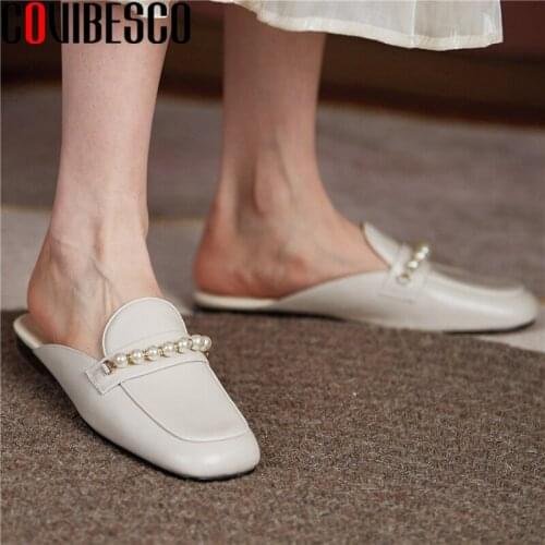 COVIBESCO 2021 New Women Sandals Spring Summer Casual Square Toe Mules Pearl Genuine Leather Flats Concise Slippers Shoes Woman