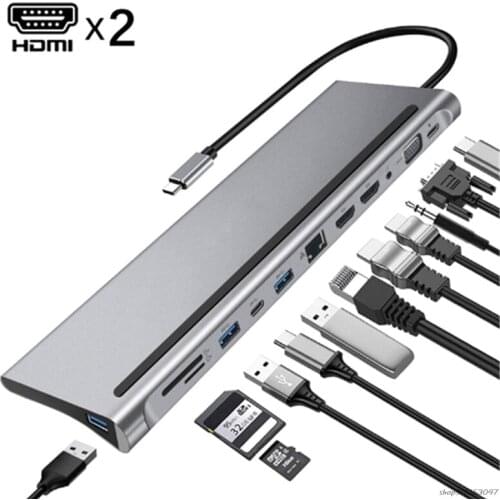 12-In1 USB Type-C Hub to Dual Rj45 Multi USB3.0 Power Adapter Docking Station for Laptop Support Pd Transmission HDMI-compatible