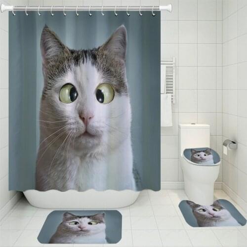 Pet Cats Shower Curtain Sets Polyester 4 Pieces Bathroom Set Carpet Cover Toilet Cover For Kids Adults Lovely Animals Bath Mat