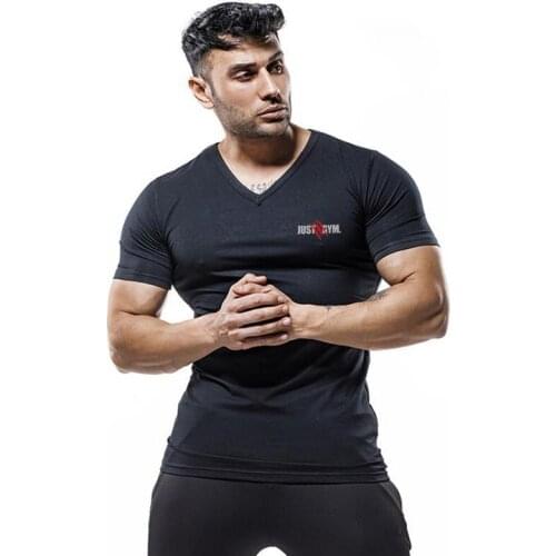 New Mens Bodybuilding Brand Comfortable Fitness Fashion Short Sleeve Tshirt Clothing Trend Casual Sport Running V-neck T Shirts